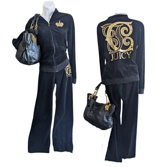 Vtg Y2K JUICY COUTURE 3-pc Velour Tracksuit Matching Set + Bag Top L Pants SP - Picture 3 of 12